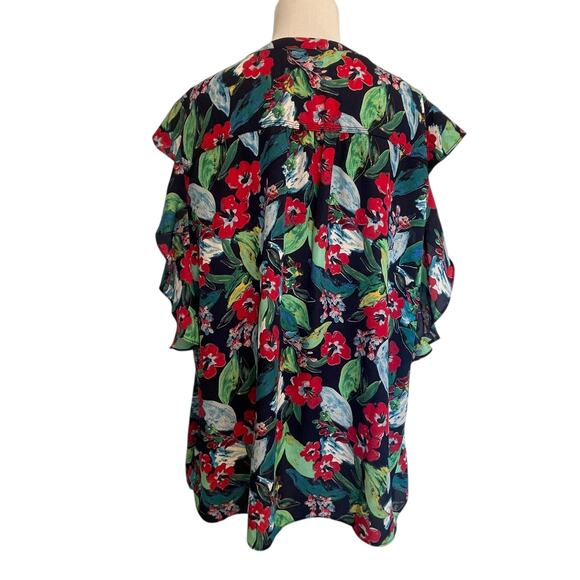 Zac & Rachel Woman Floral Ruffled Top Womens Size 2X Navy Tropical Casual Blouse - Picture 2 of 7